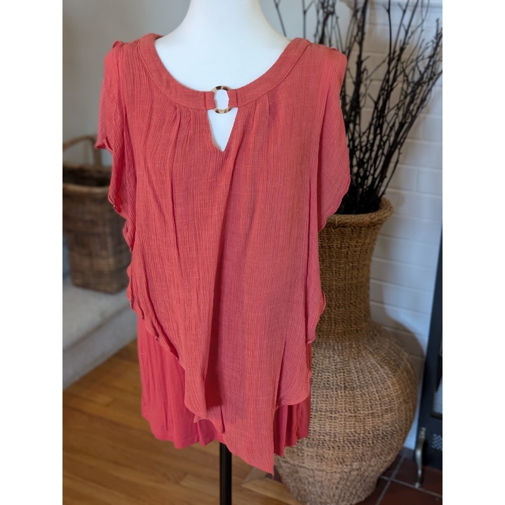Alyx XXL Terracotta Burnt Orange Layered Gauze Asymmetrical Ring Keyhole Blouse